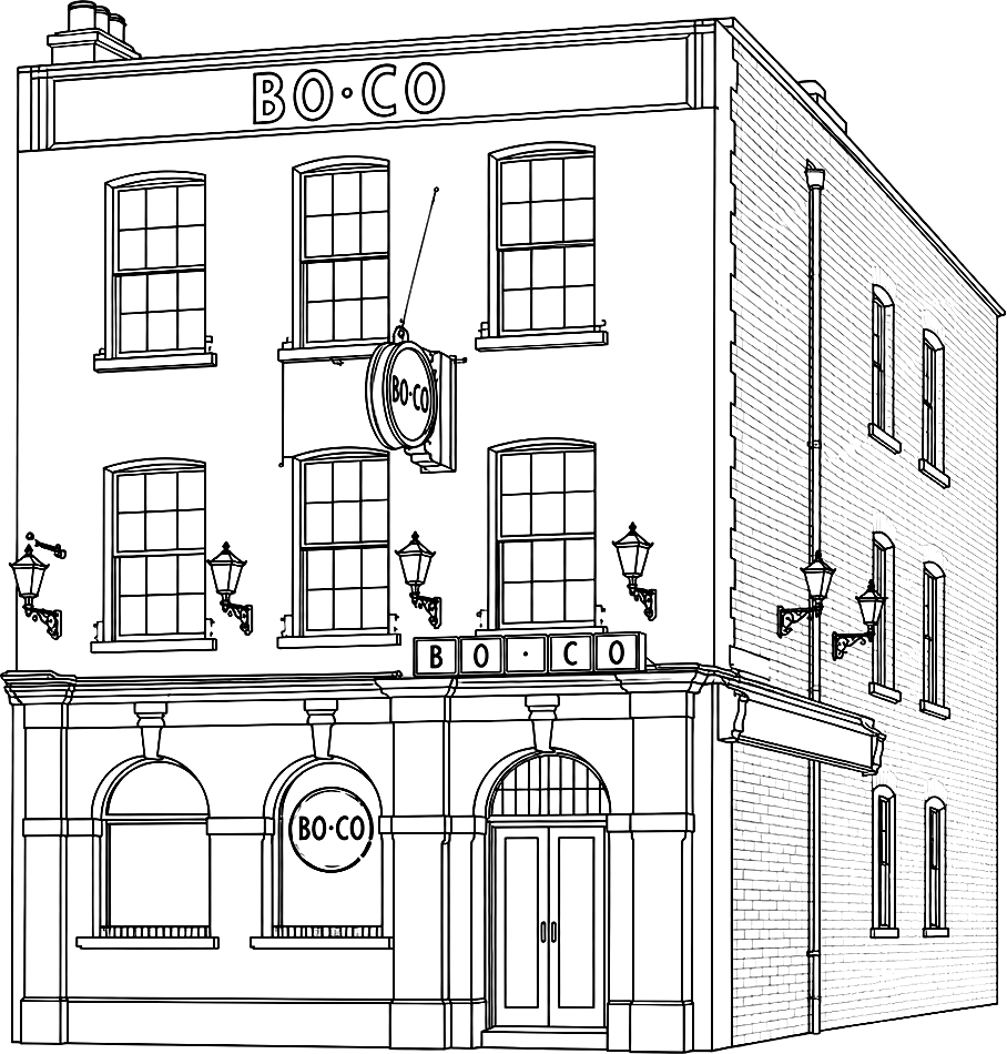 Line illustration of the BoCo Bolton Street restaurant exterior